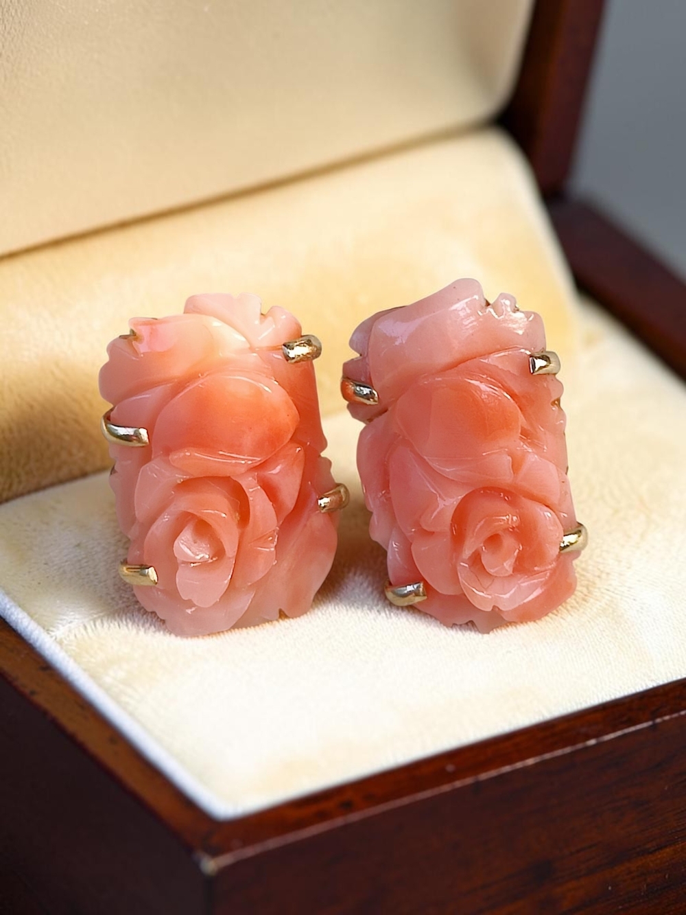 Vintage 14K Gold Ross-Simons Coral Rose Earrings